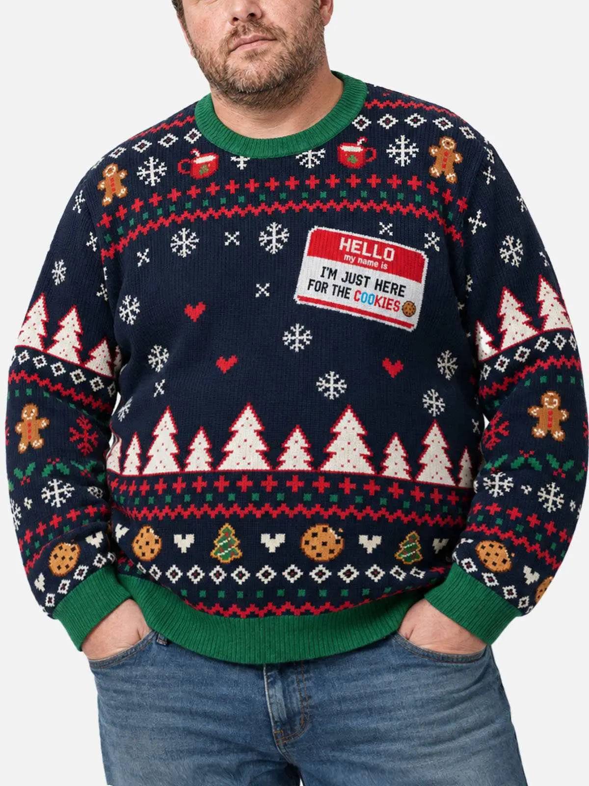 Joulupaita unisex tummansininen neule joulukuvioilla ja hauskalla tekstillä