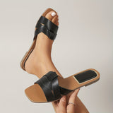 Naisten neliönmuotoiset liukusandalit – PU-hihnat, tasapohjat, kevät-kesämuoti-Sandaalit-EmiyoSuomi