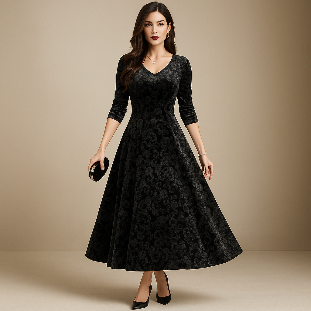 Samettinen kukkakuvioinen A-linjainen mekko