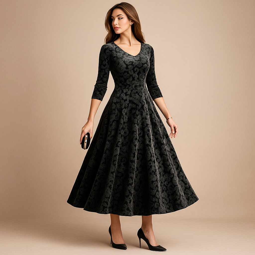 Samettinen kukkakuvioinen A-linjainen mekko