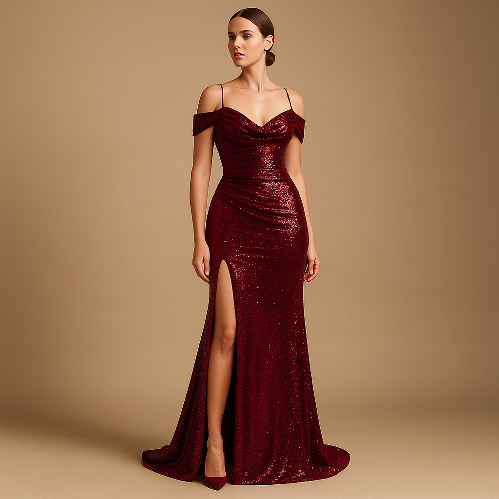 Olkaimeton kimalteleva iltapuku halkiolla