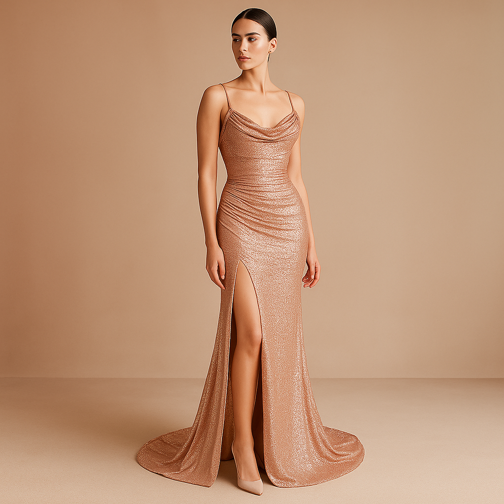 Olkaimeton kimalteleva iltapuku halkiolla