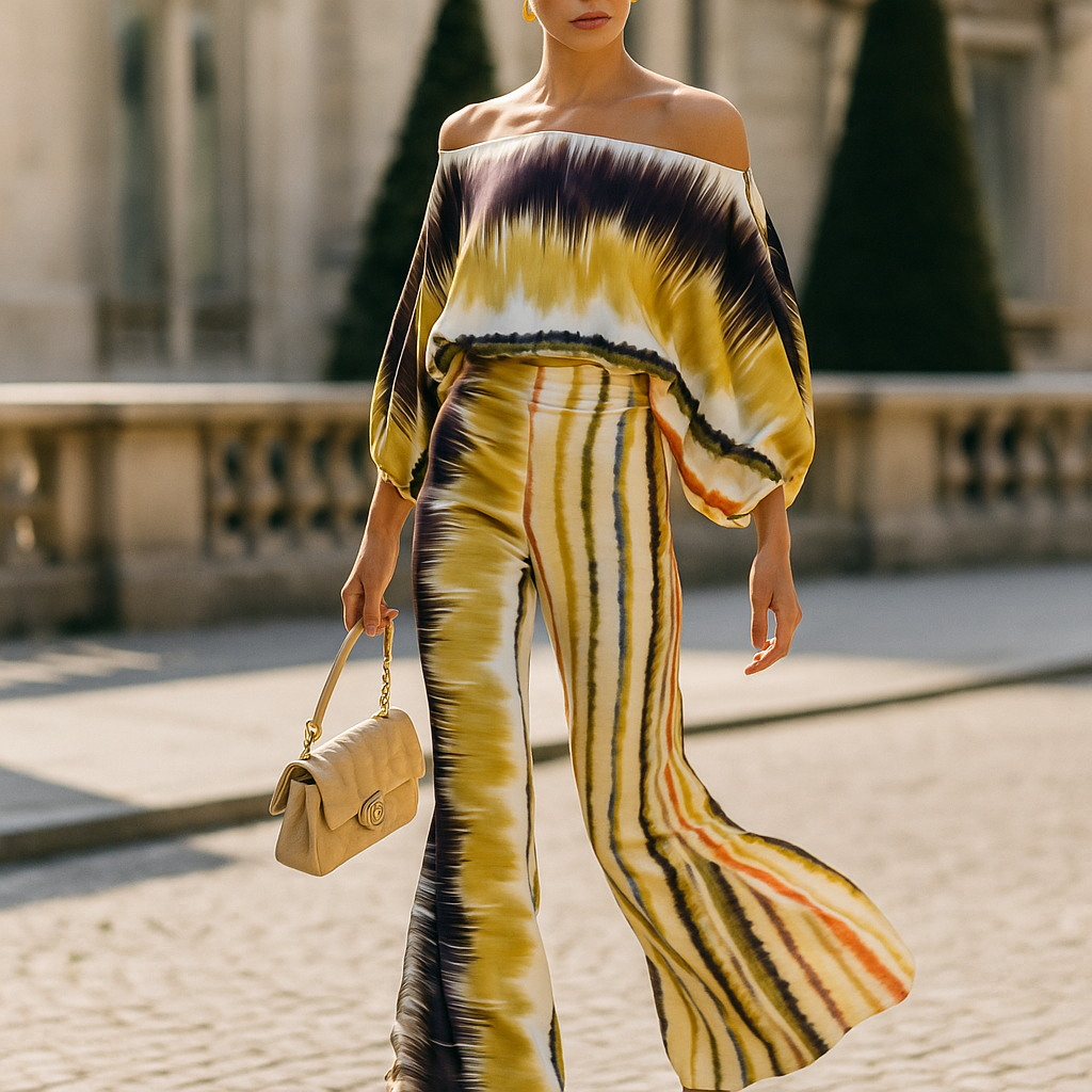 Tyylikäs samettiasu naisille - epäsymmetrinen paita - leveät housut