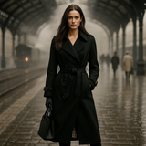 Kvinders dobbelte strikkede trenchcoat - Klassisk stil - Tidløs overtøj