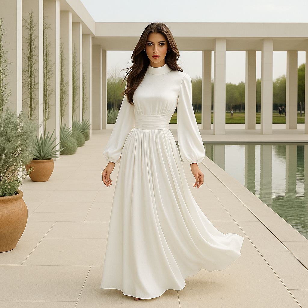 Maxi-ilta-asu korkealla kaula-aukolla ja vyöllä