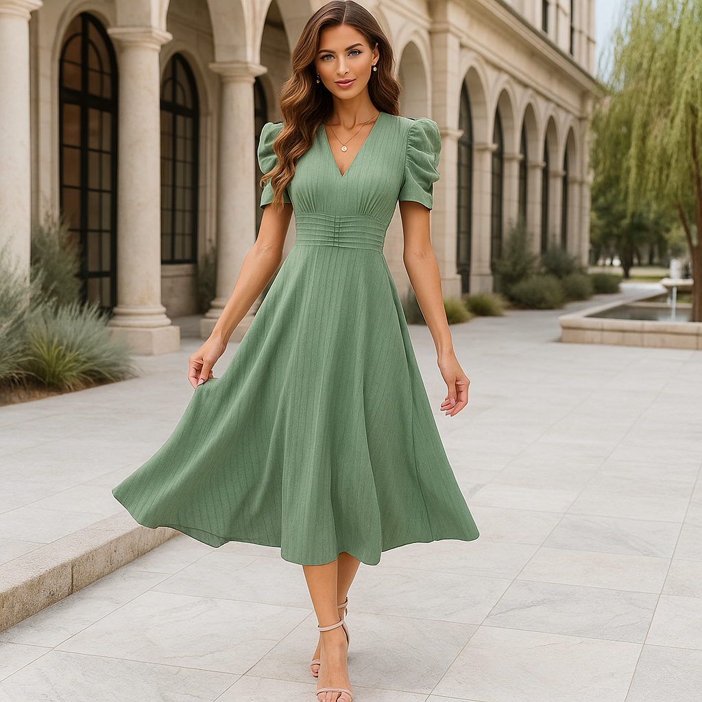 Maxi-ilta-asu, jossa on V-pääntie ja puffihihat