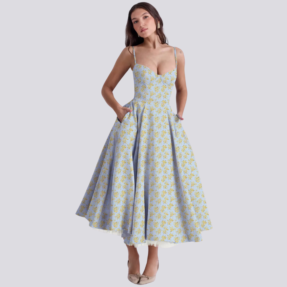 Korsettimainen midimekko - Naisellinen kukkainen malli-Mekot-EmiyoSuomi