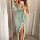 Ilta-asu - tyylikäs kiiltävä mekko - halkiolla