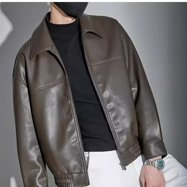 Miesten nahkatakki slim fit vetoketjulla ja suoralla kauluksella