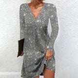 Silvia - Hopeinen Miniabito V-aukolla Pitkillä Hihoilla vivano-warszawa