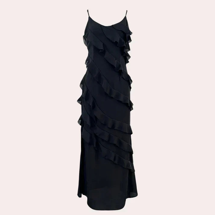 Elegantti pitkä mekko frilloilla - naisellinen tyyli - juhlavaatteet-Mekot-EmiyoSuomi