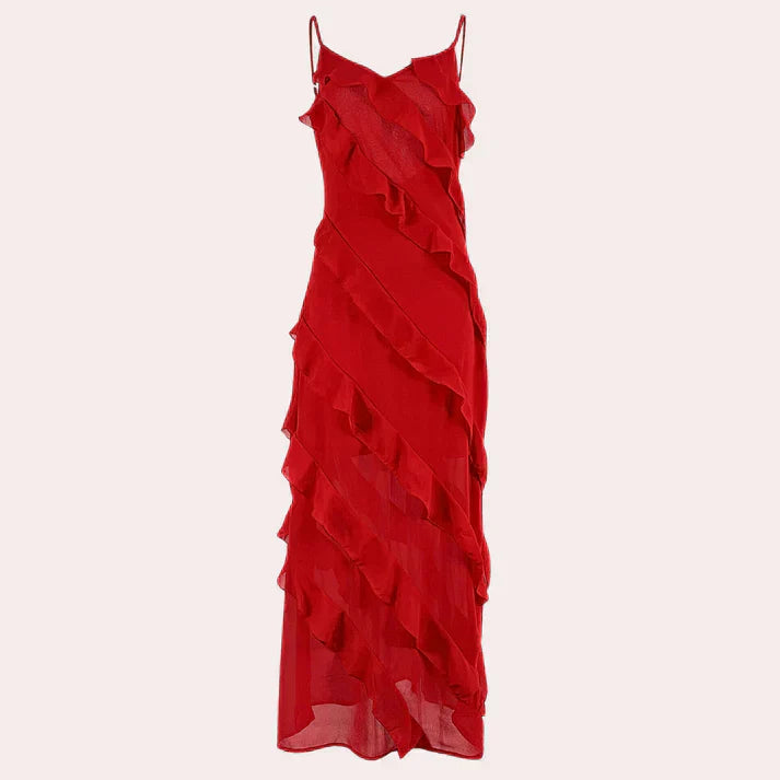 Elegantti pitkä mekko frilloilla - naisellinen tyyli - juhlavaatteet-Mekot-EmiyoSuomi