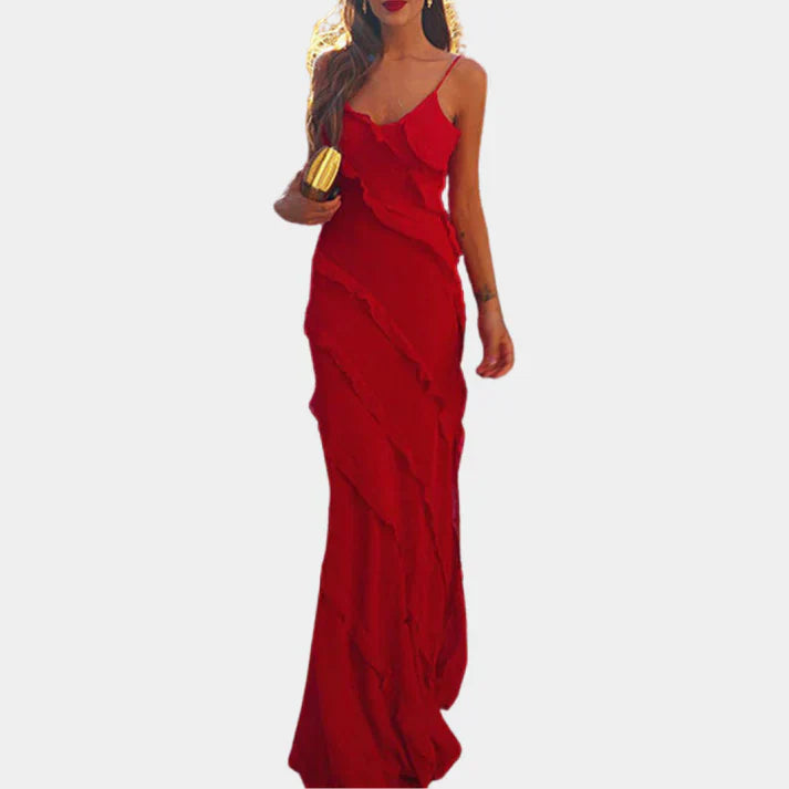 Elegantti pitkä mekko frilloilla - naisellinen tyyli - juhlavaatteet-Mekot-EmiyoSuomi