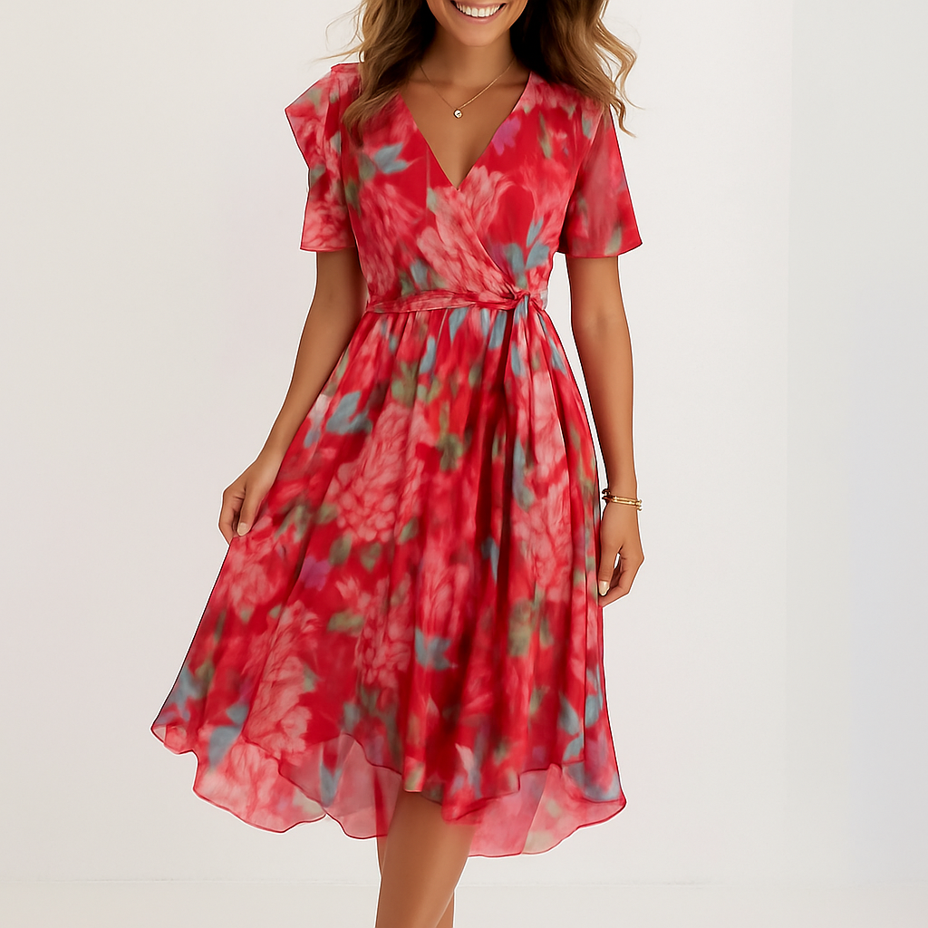 Kietaisumekko kukkakuviolla - V-pääntie - Midi lomalle - EmiyoSuomi