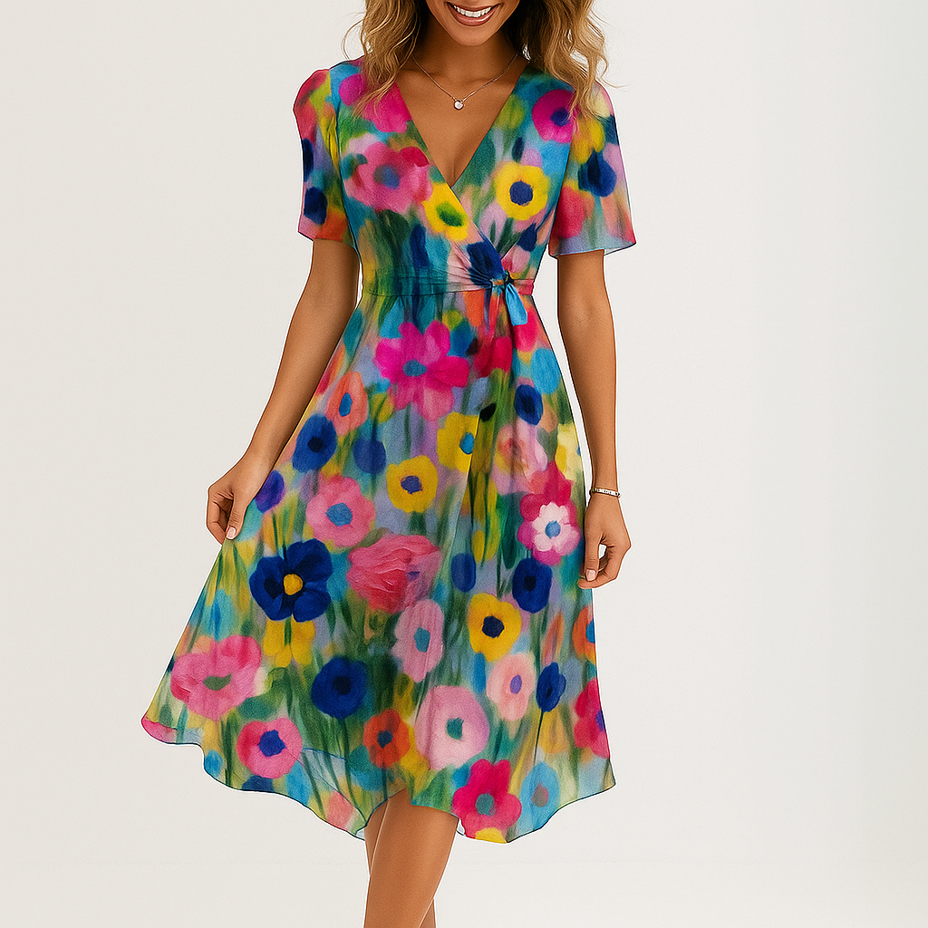 Kietaisumekko kukkakuviolla - V-pääntie - Midi lomalle - EmiyoSuomi