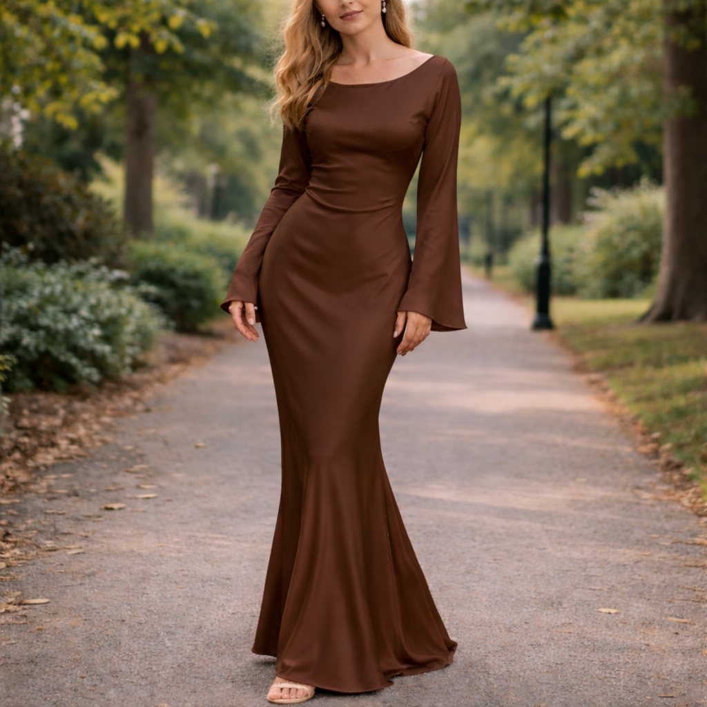 Silkkinen Maksimekko - Elegantti Istuvuus, Leijonavat Hihat