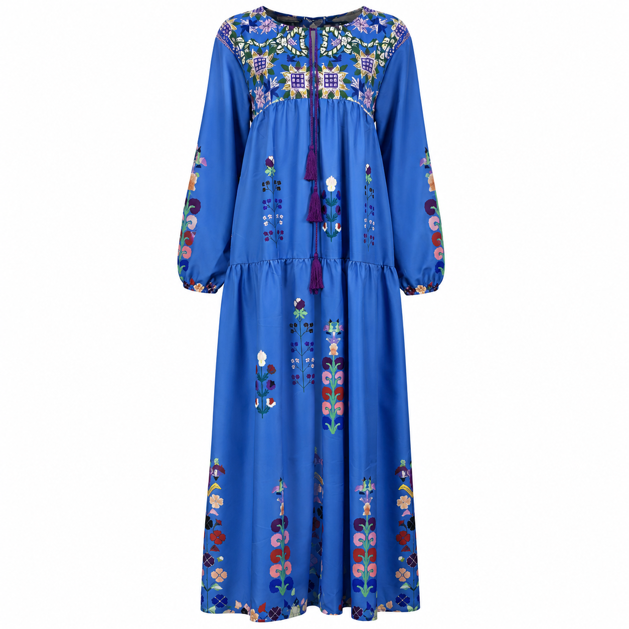 Boho Mekko | Sininen Brodeerattu Maksimekko | Kevyt, Väljä Puuvillamekko