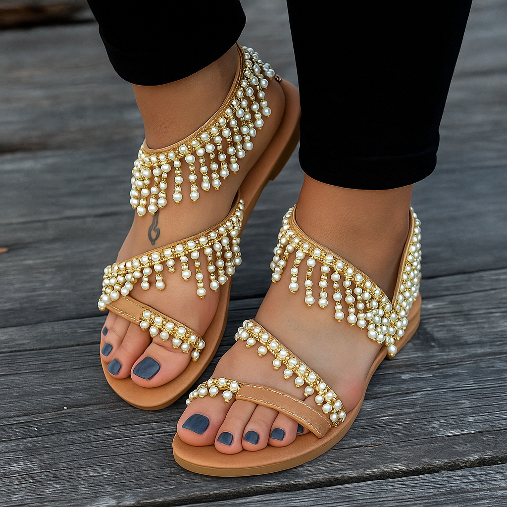 Naisten Litteät Sandalit – Helmitupsut – Varvaslenkki – Avoin Varvas Boho Nilkkahihna-Sandaalit-EmiyoSuomi