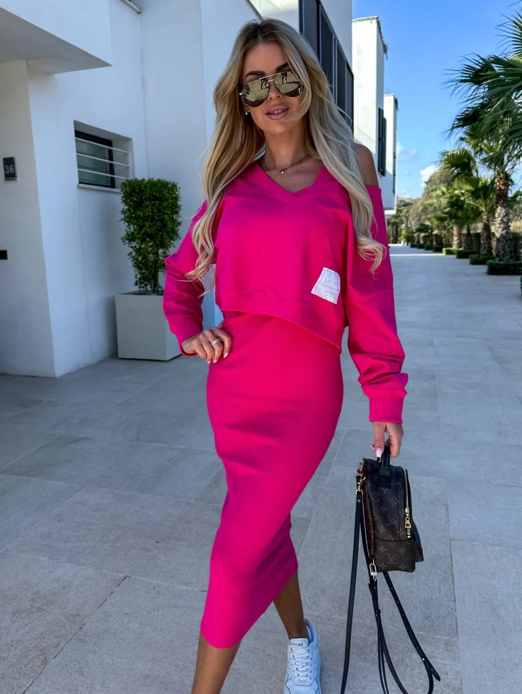 Naisten Pitkähiha V-pääntie Crop Top & Bodycon Midi Hame-Mekot-EmiyoSuomi