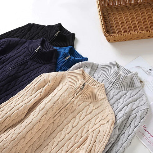 Miesten kaapelineulottu half-zip pooloneule korkea kaulus