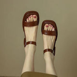 Naisten Litteät Sandalit – Nahka, Paksu Pohja, Avoin Varvas, Säädettävä Hihna-Sandaalit-EmiyoSuomi