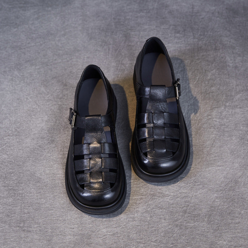 Naisten aidon nahan roomalaiset sandaalit – leikattuja hihnoja, pehmustettu tasapohja-Sandaalit-EmiyoSuomi