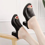 Naisten Korkokengät – Pehmeä Nahka – Paksu Korko – Peep Toe – Minimalistinen Slip-On-Sandaalit-EmiyoSuomi