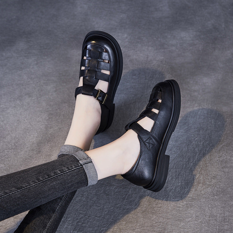 Naisten aidon nahan roomalaiset sandaalit – leikattuja hihnoja, pehmustettu tasapohja-Sandaalit-EmiyoSuomi