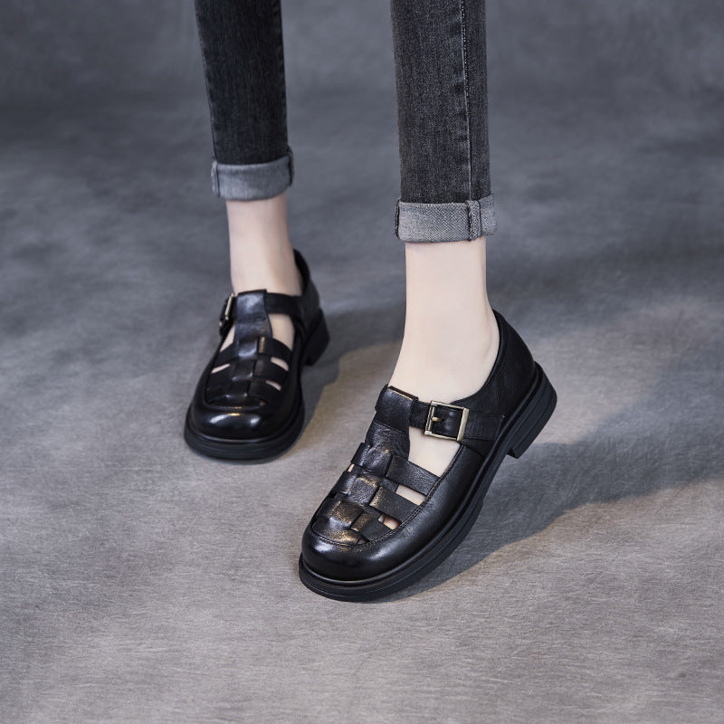 Naisten aidon nahan roomalaiset sandaalit – leikattuja hihnoja, pehmustettu tasapohja-Sandaalit-EmiyoSuomi