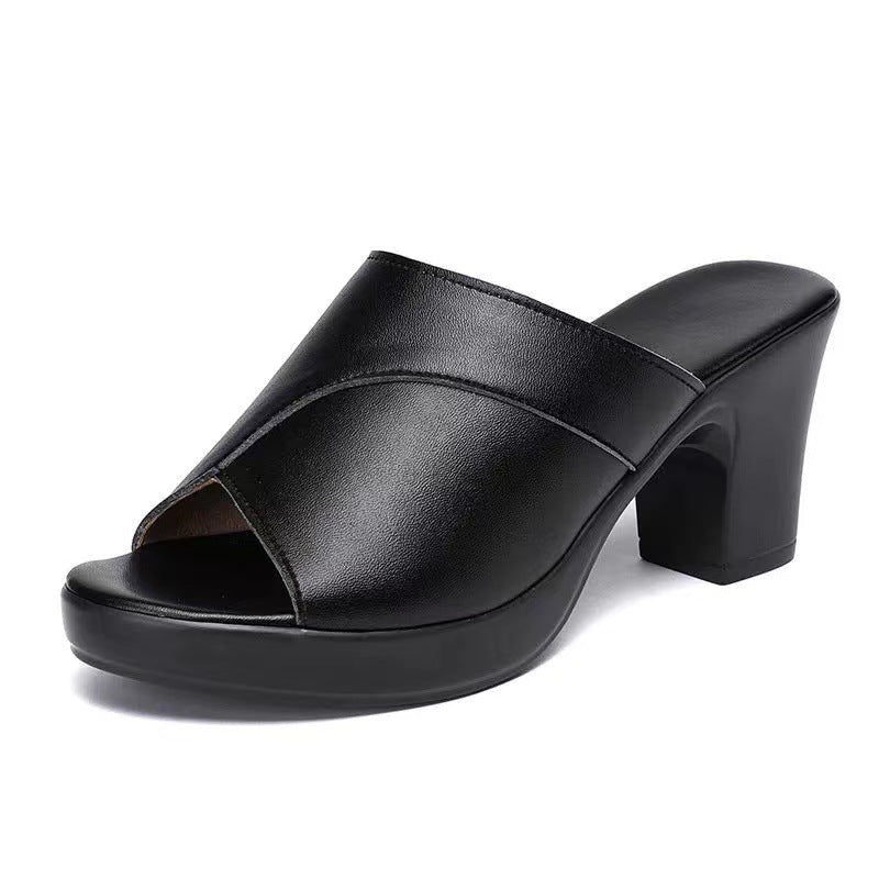 Naisten Korkokengät – Pehmeä Nahka – Paksu Korko – Peep Toe – Minimalistinen Slip-On-Sandaalit-EmiyoSuomi
