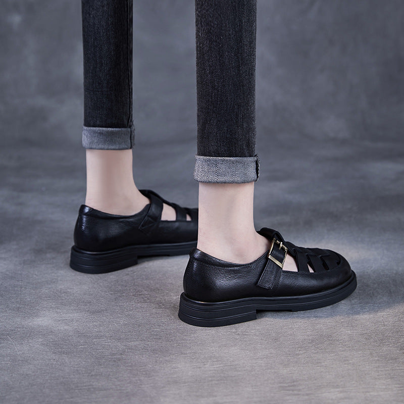 Naisten aidon nahan roomalaiset sandaalit – leikattuja hihnoja, pehmustettu tasapohja-Sandaalit-EmiyoSuomi