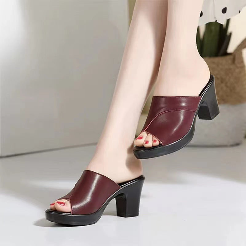 Naisten Korkokengät – Pehmeä Nahka – Paksu Korko – Peep Toe – Minimalistinen Slip-On-Sandaalit-EmiyoSuomi