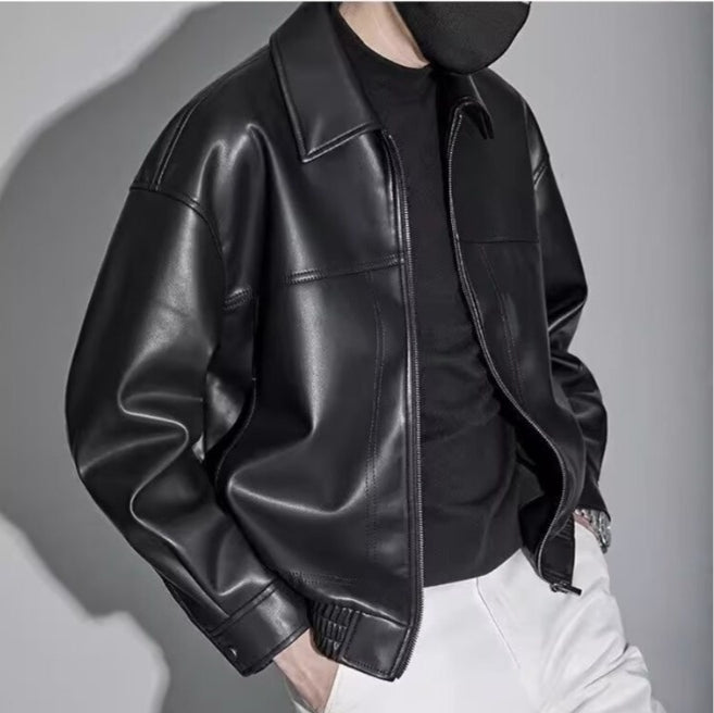 Miesten nahkatakki slim fit vetoketjulla ja suoralla kauluksella