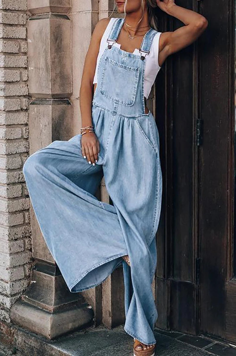 Laiska Denim Haalarit - Olkaimeton Farkku Leikkipuku-One-Pieces-EmiyoSuomi