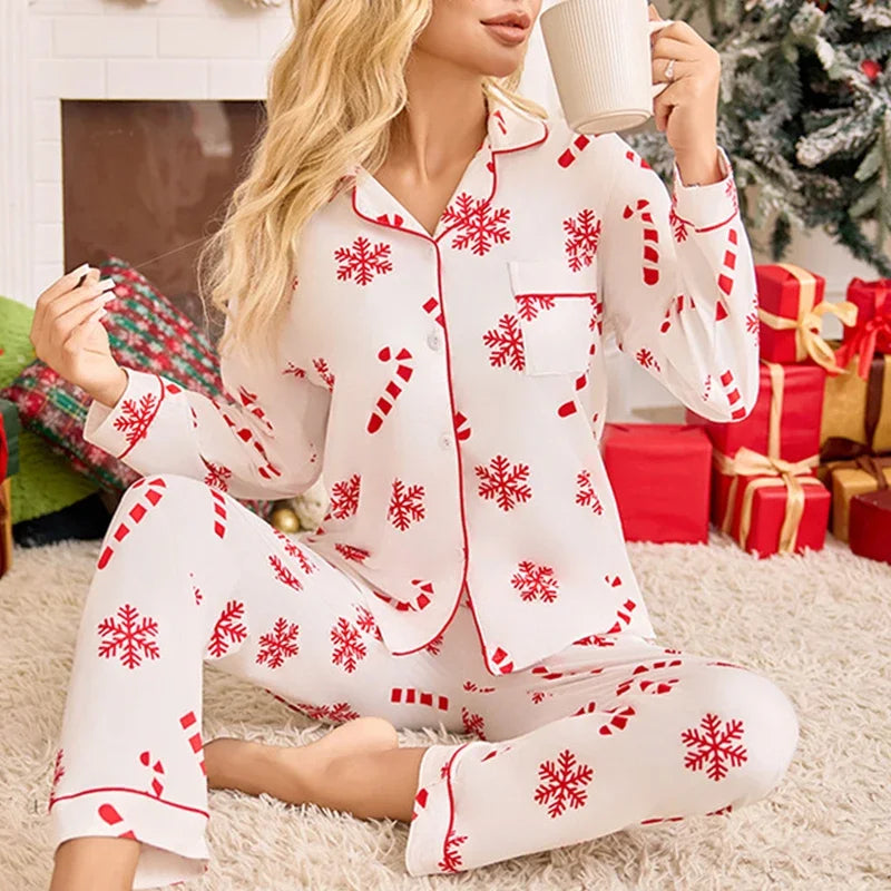 Joulupyjama naiset lumihiutale kuvio pitkähihainen paita ja housut set