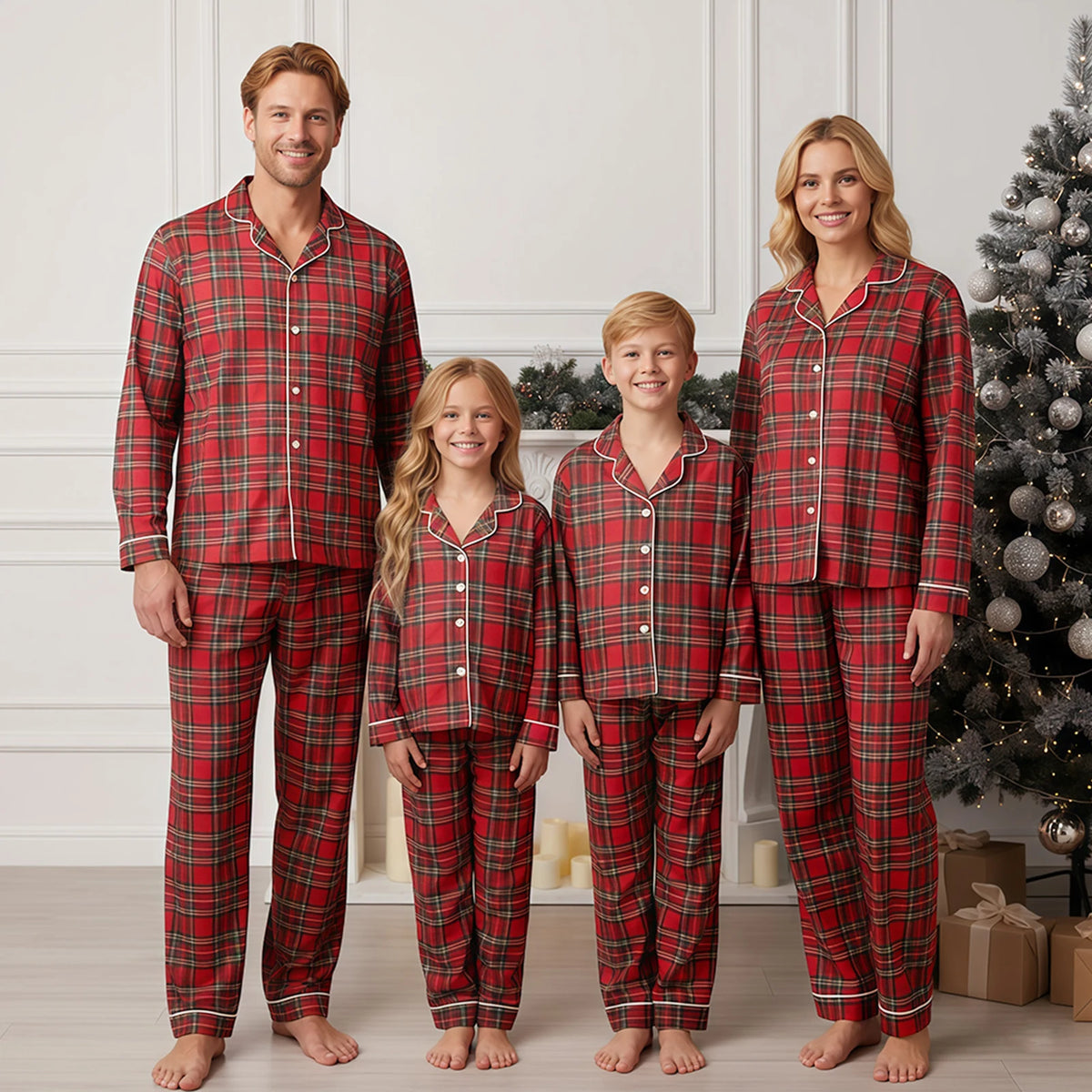 Perheen yhteensopiva joulupyjama ruutuinen punainen setti aikuisille lapsille ja vauvalle