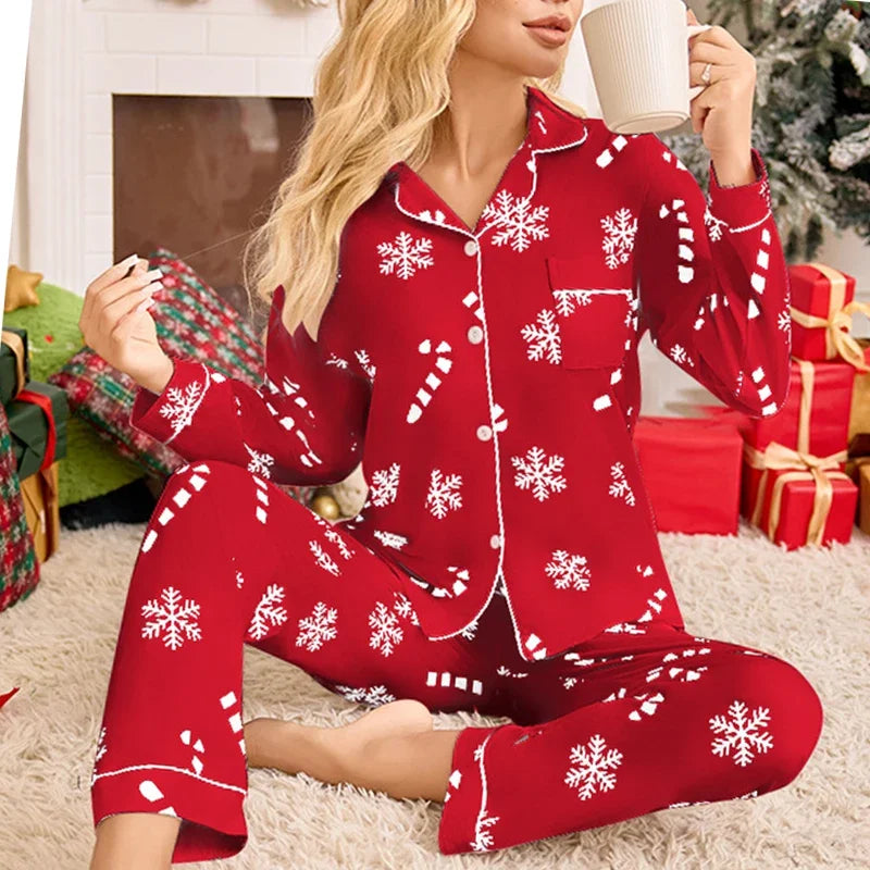 Joulupyjama naiset lumihiutale kuvio pitkähihainen paita ja housut set