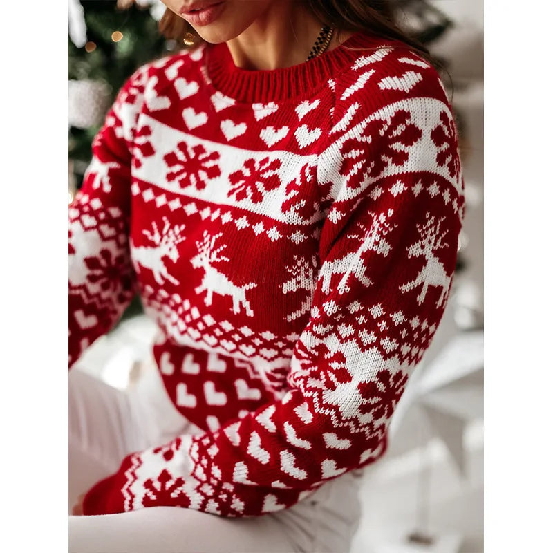 Naisten jouluneule lumihiutale jacquard pullover pitkähihainen