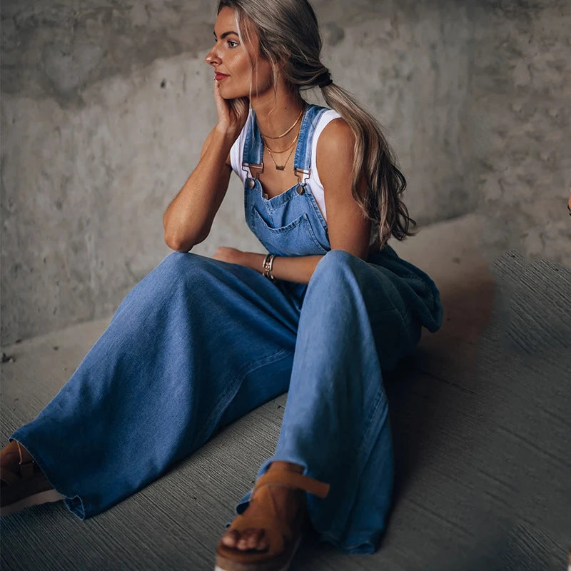 Laiska Denim Haalarit - Olkaimeton Farkku Leikkipuku-One-Pieces-EmiyoSuomi