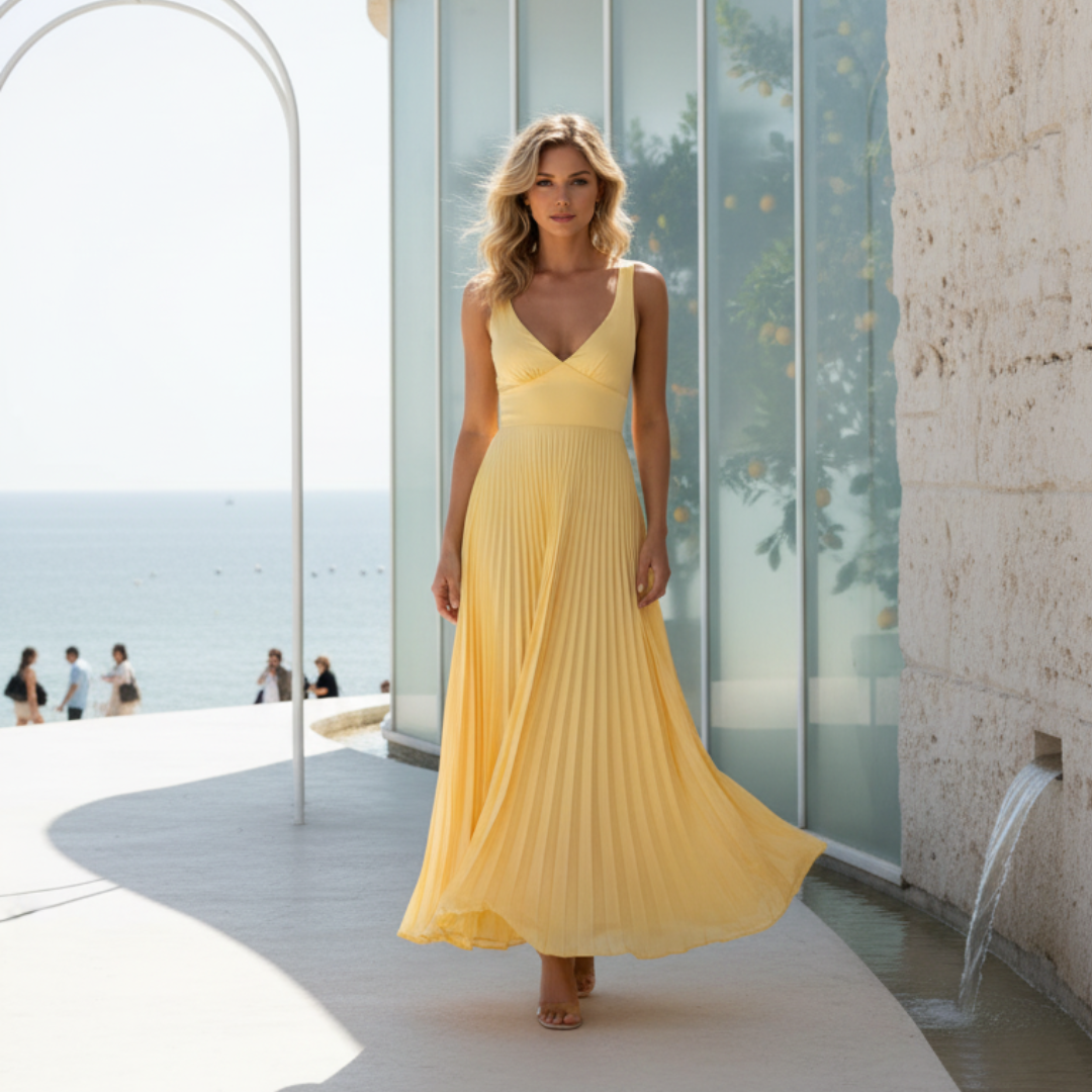 Maxi-ilta-asu – A-linjainen, laskostettu, V-pääntie