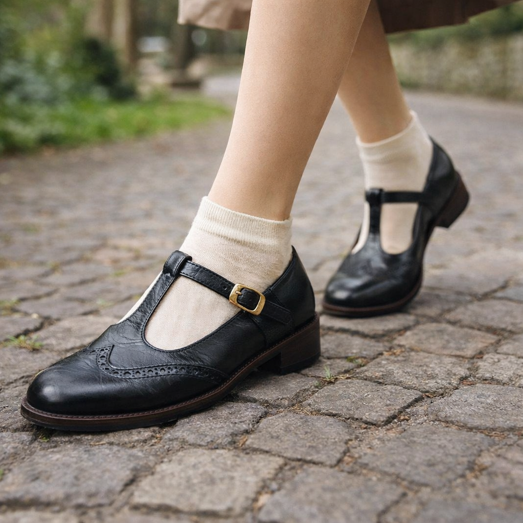 Naisten Mary Jane -kengät | T-Hihna, matala korko | Brogue-yksityiskohta