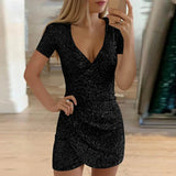 Kimaltava Paljettimekko - Syvä V-pääntie - Slim Fit-Mekot-EmiyoSuomi