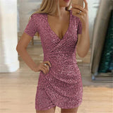 Kimaltava Paljettimekko - Syvä V-pääntie - Slim Fit-Mekot-EmiyoSuomi