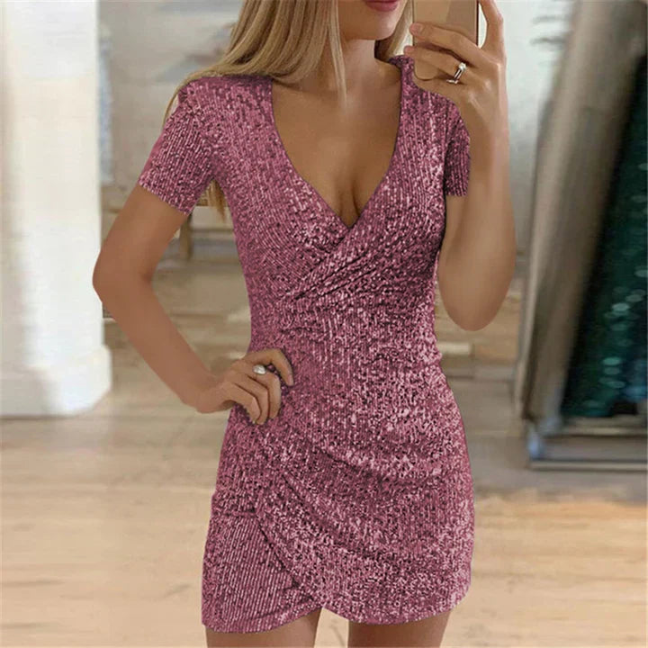 Kimaltava Paljettimekko - Syvä V-pääntie - Slim Fit-Mekot-EmiyoSuomi