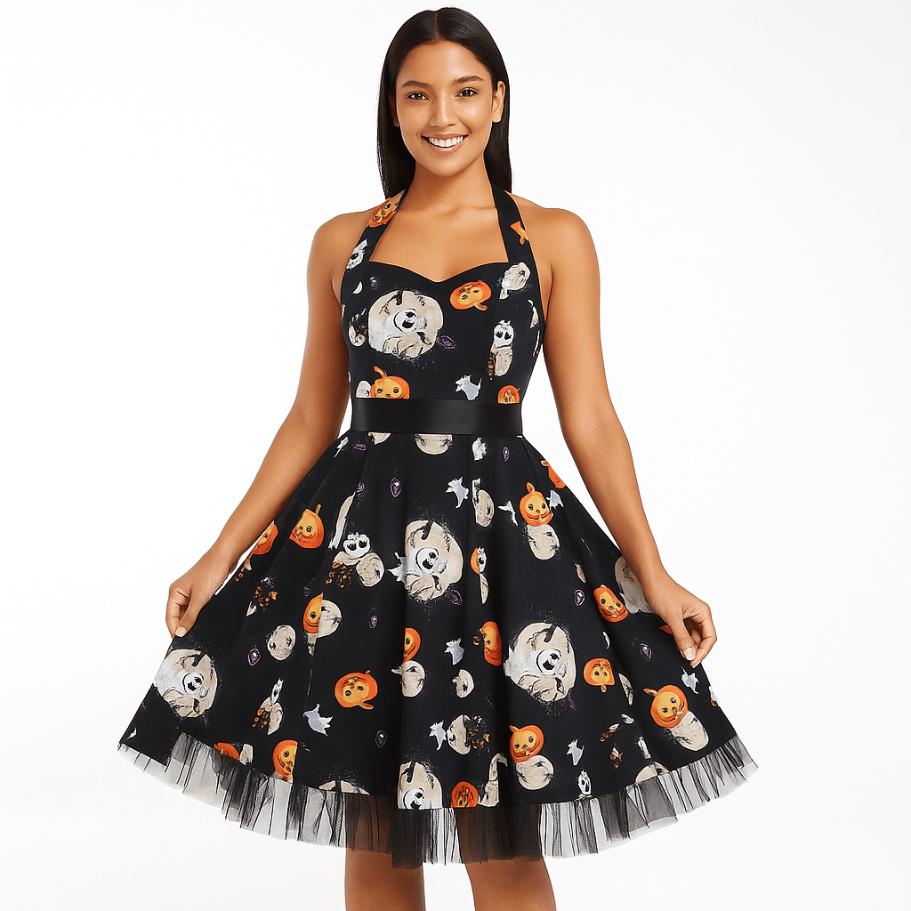 Alessandra Halloween Midi Mekko - Sarjakuvaprintti - Uniikki Design - EmiyoSuomi - Halloween