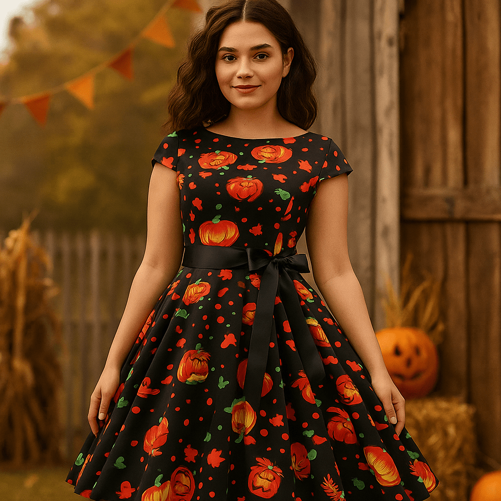 Anita Midi Mekko - Halloween Haamut & Kurpitsat - Unik Festkjole - EmiyoSuomi - Halloween