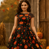 Anita Midi Mekko - Halloween Haamut & Kurpitsat - Unik Festkjole - EmiyoSuomi - Halloween