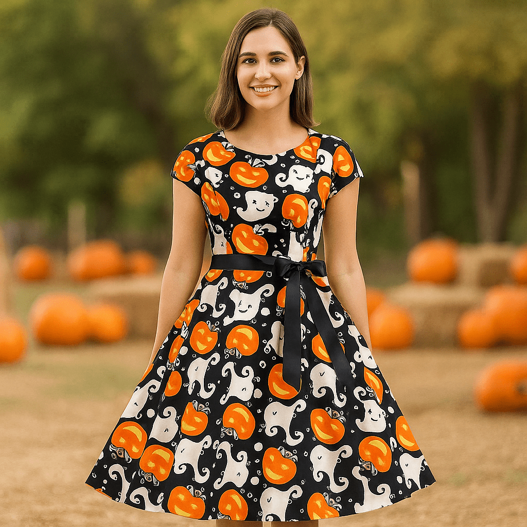 Anita Midi Mekko - Halloween Haamut & Kurpitsat - Unik Festkjole - EmiyoSuomi - Halloween