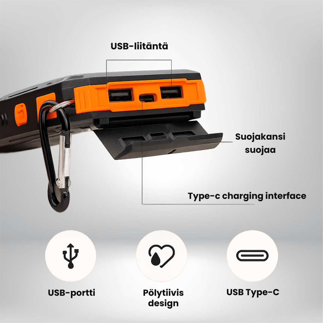 Aurinkokäyttöinen Power Bank LED - taskulampulla - EmiyoSuomi - Leirintäalue