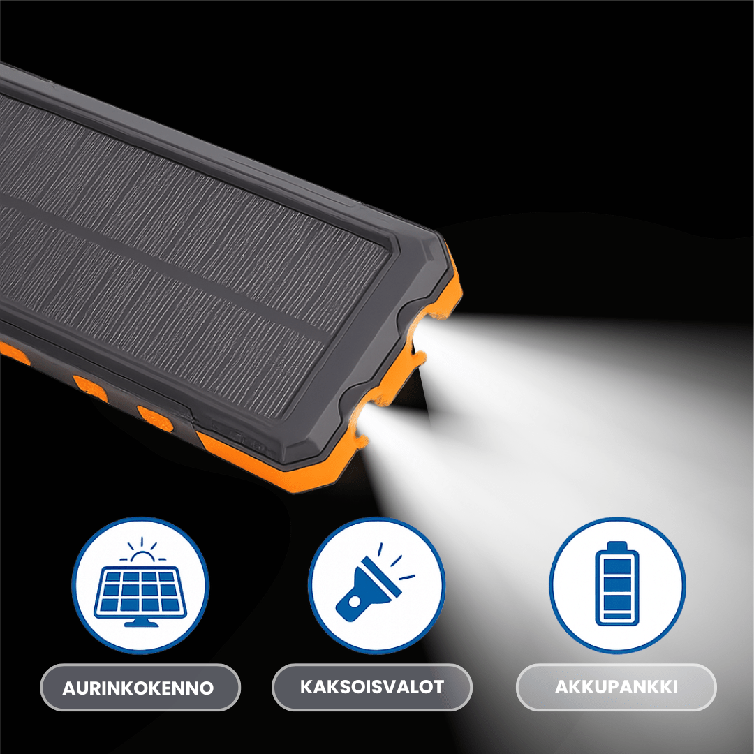Aurinkokäyttöinen Power Bank LED - taskulampulla - EmiyoSuomi - Leirintäalue